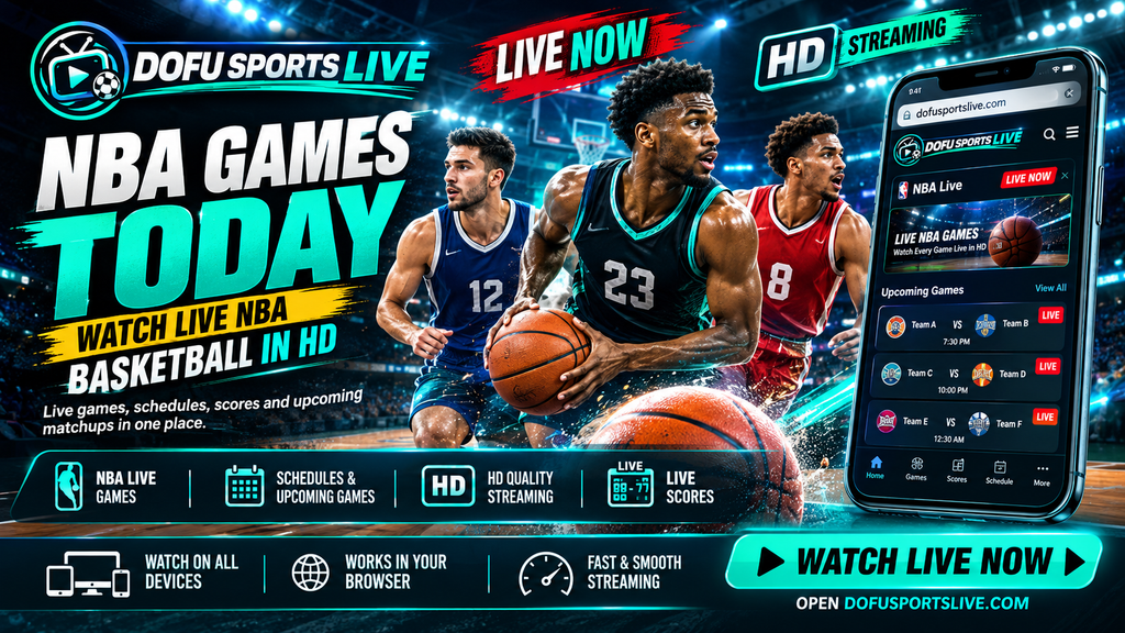 Dofu Sports Live NBA banner featuring live basketball games, HD streaming, schedules, scores, and a mobile website preview.